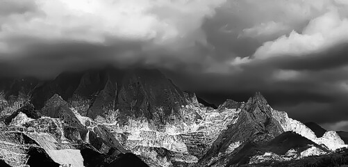 black and white landscape of marble mountain near pisa, italy