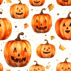 Watercolor painting, seamless white background with orange pumpkins, jack o lanterns, carved pumpkins, thanks giving, Halloween, autumn, cottagecore 