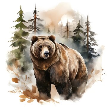 Watercolor painting of a brown bear in snow forest and smokey mountains in the distance