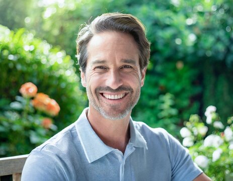 Portrait of middle aged man caucasian smiling and looking at camera outside in garden background