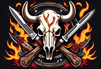Illustration of Vintage, Flash art, Tattoo, Bull, Cow skull, Flames and fire, Retro, Old-school, Ink.