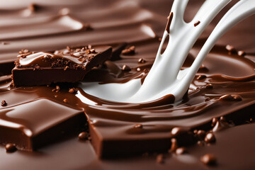 Advertising photos of milk splashes at the bottom chocolate slices flying up chocolate light background