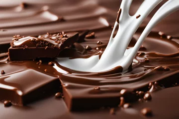 Foto op Plexiglas Advertising photos of milk splashes at the bottom chocolate slices flying up chocolate light background © Shadoweee
