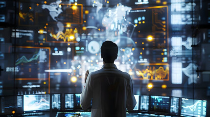 A man interacting with a futuristic, holographic interface displays data on forex, gold, crypto currencies, and the latest digital currencies.