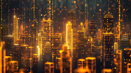 Obraz premium A futuristic city scape illuminated by neon gold light, representing an AI-powered metropolis. Buildings are etched with glowing AI codes and data patterns.