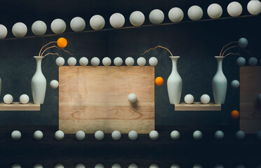 Abstract collage with balls, vases and wooden boards