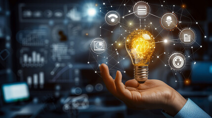 A hand grasping a light bulb alongside icons representing business, digital marketing, innovation, and technology, all interconnected within a network
