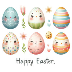 Watercolor cute eggs, each with an easter design, pastel colors  isolated on PNG background. Generative AI.