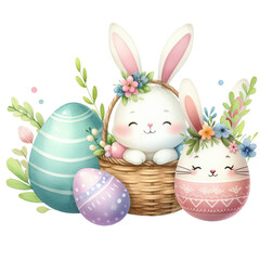 Watercolor cute egg and Easter bunny with a basket, pastel colors  isolated on PNG background. Generative AI.
