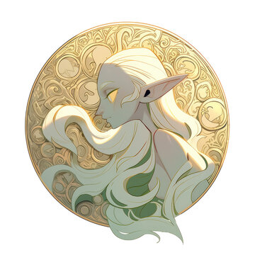 recommend clip art: Illustration of a gold coin with a side view of a white-haired elf