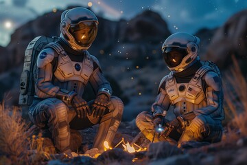 Fototapeta premium Astronaut and Alien Relax by Bonfire Under Starry Night Sky