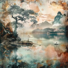 Ancient Chinese landscape painting. Traditional artwork depicting a serene lake with a fisherman, misty mountains in the background, ornate trees, and classical architecture reflected in the water