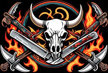 Obraz premium Illustration of Vintage, Flash art, Tattoo, Bull, Cow skull, Flames and fire, Retro, Old-school, Ink.