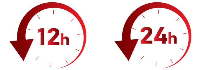 12, 24, 48, 72 hours clock arrow. symbol work time, delivery and service time, isolated red on white , Vector illustration