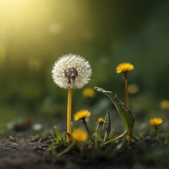 a small person standing near a dandelion. macro shot