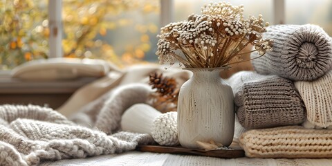 closeup a soft autumn blanket with muted colors indoors