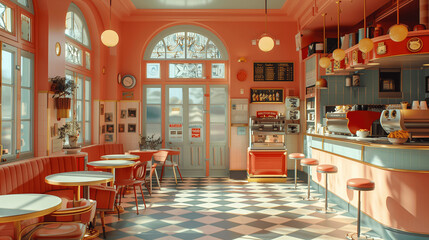 Fototapeta na wymiar Retro Diner Interior with Pastel Colors and Sunlight