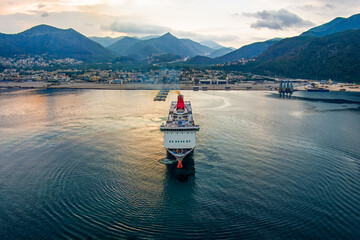 Igoumenitsa, Greece. The ferry moors to the pier in the port. Aerial view