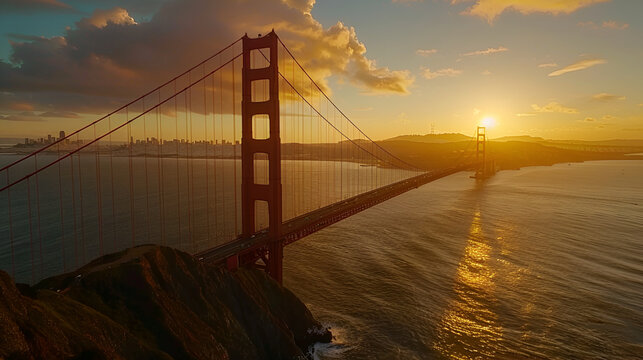 The majestic Golden Gate Bridge spans across the horizon, bathed in the golden light of the setting sun, casting a mesmerizing glow over the cloudy skies of San Francisco, California  - Powered by Adobe