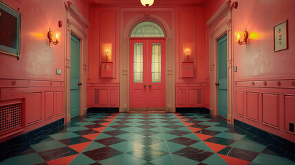 Elegant Coral Hallway with Checkerboard Floor and Stained Glass Doors
