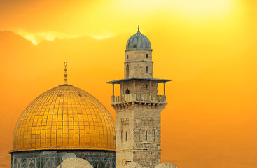 Dusty sunrise above golden dome of Rock Mosque on Temple Mount in old city of Jerusalem, the image may be used for major Islamic holiday of Ramadan - 749787983