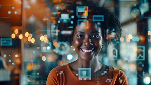 Confident African American woman smiling while looking through a translucent AR display with blue icons overlayed on the foreground