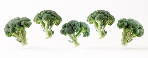 Fresh Green Broccoli Florets in a Row Isolated on White Background