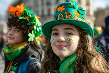 Young people celebrate St. Patrick's Day, dressed in carnival headgear