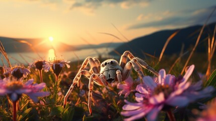 Close-up of a large Spider on flowers at Sunset in Summer. Nature, Landscape, Sun, Golden Hour, Insects, Animals in the forest, Field concepts. A horizontal Banner with Copy Space.