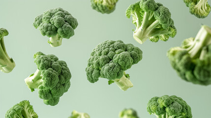 Fresh Green Broccoli Florets Isolated on Light Green Background