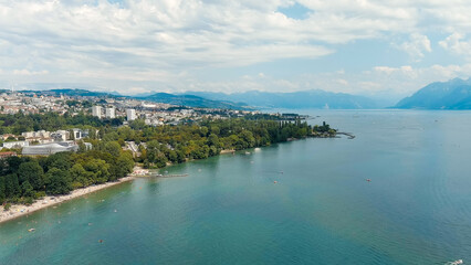 Lausanne, Switzerland. Panorama of the city and view of the city from the embankment. Located on the shores of Lake Geneva. Summer day, Aerial View