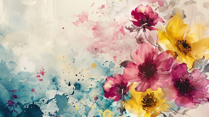 Obraz na płótnie Canvas A painterly floral scene with hand-painted watercolor blooms in vibrant shades of pink, yellow, and blue, splashed across a textured paper canvas.
