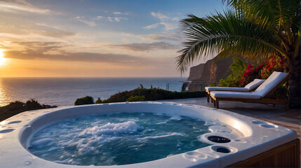 Luxury bubble bathtub under palm tree with ocean view at sunset, spa and wellness concept, seascape and mountains background