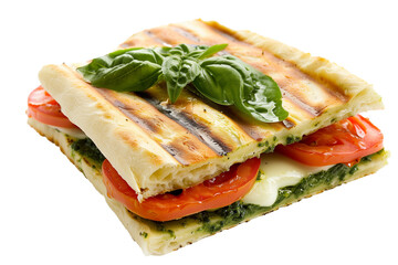 Ciabatta with pesto sauce and tomatoes isolated on transparent background.