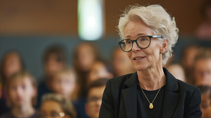 Attractive aged businesswoman, teacher or mentor coach speaking to young people, senior woman in glasses teaching audience at training seminar, female business leader speaker talking at meeting - obrazy, fototapety, plakaty