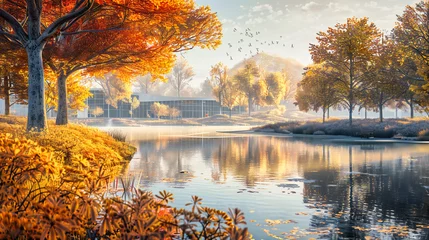 Foto op Plexiglas Autumnal Bridge Scene: A Vibrant Landscape with a Colorful Path and Golden Leaves Reflecting in Water © NURA ALAM
