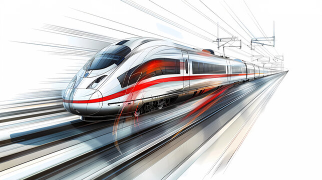 high-speed train is running on the tracks isolated on white background