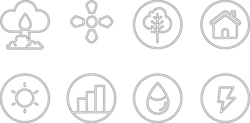 Carbon footprint, CO2 neutral, net zero, sustainable development editable stroke outline icons set isolated on white background flat vector illustration