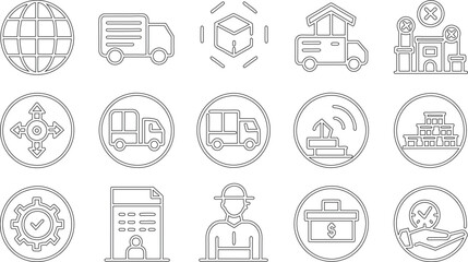 Supply chain management concept editable stroke outline icons set isolated on white background flat vector illustration.