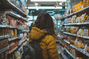 A middle-aged woman wearing a bright yellow jacket, is casually strolling through a grocery store aisle filled with various food products. Generative AI