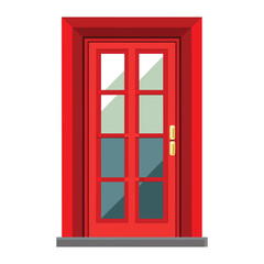 Red Paneled Door with Glass Illustration on White Background