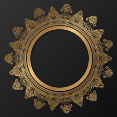 Golden frame with ornament in circle on black background. Luxury gold mandala. - Vector.