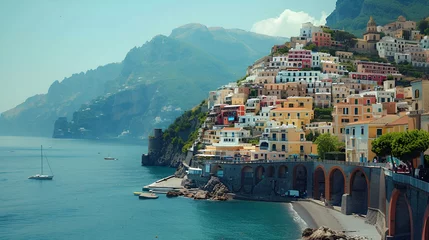 Foto op Plexiglas Nestled along the stunning Amalfi coastline, the quaint town of Atrani boasts colorful buildings cascading down the hillside, offering a serene backdrop against the azure waters of the Mediterranean S © Naqash