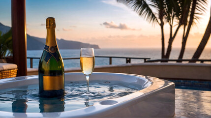 Luxury bubble bathtub and wine in glasses under palm tree with ocean view at sunset, spa and wellness concept, seascape and mountains background