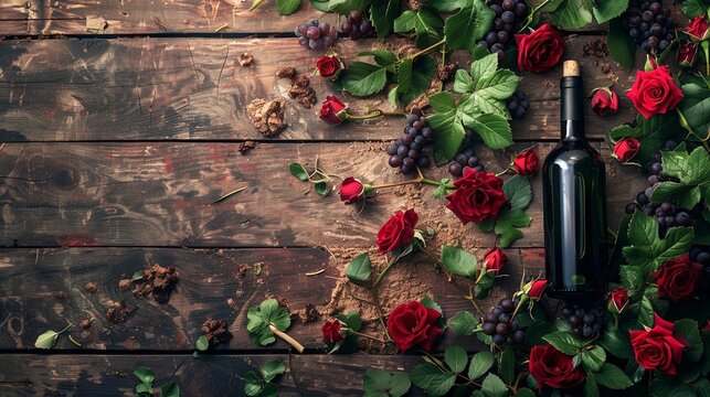 A sophisticated wine and roses theme with deep burgundy blooms, green vine leaves and a vintage wine bottle set on an aged oak table. 