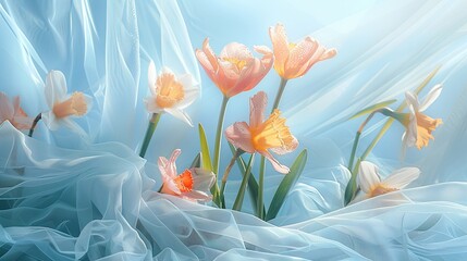 A spring awakening scene with dew-kissed tulips and daffodils emerging from a misty, light blue tulle fabric. - obrazy, fototapety, plakaty