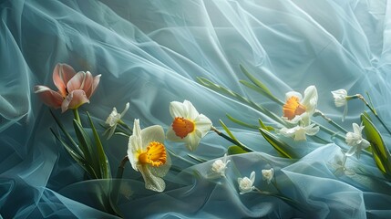 A spring awakening scene with dew-kissed tulips and daffodils emerging from a misty, light blue tulle fabric.