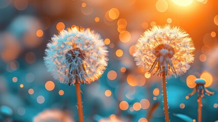 Close-up view of a dandelion seed head with fluffy, airborne seeds. - obrazy, fototapety, plakaty