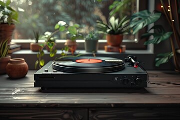 Vinyl turntable placed in a magnificent apartment living room