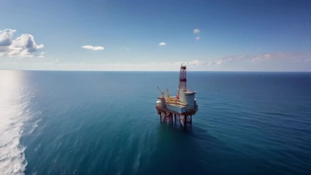 aerial view of an offshore oil rig with views of the blue sea and clear sky